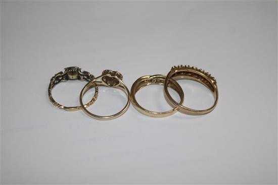 A 19th century gold, silver and rose cut diamond ring and three 9ct rings.